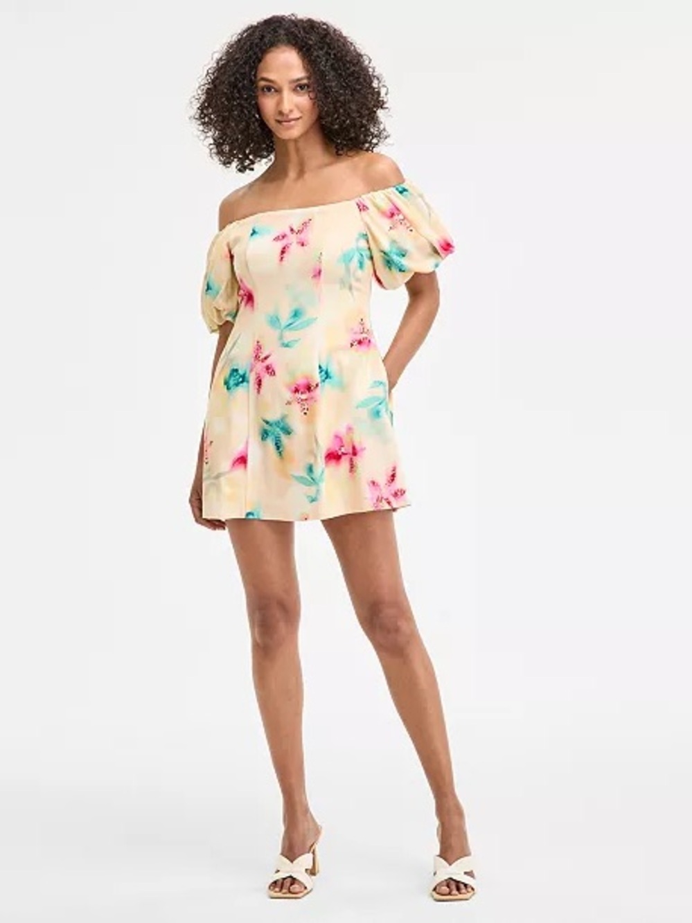 Bar III Puff Sleeve Floral Mini Dress in Pale Yellow